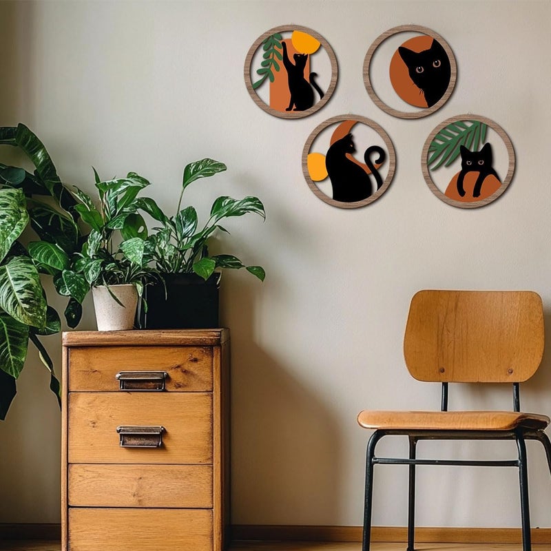 XFN 4PCs 3D Boho Cat Hanging Wooden Wall Art Wall Decor, Botanical Wall Decor Bohemian Decor, Cat Lover Gifts, Wooden Sign Wood Art Wood Plaque Home Decor for Living Room Bedroom Farmhouse Bathroom - Image 4